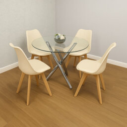 Kosy Koala Round Clear Glass Dining Table With Chrome Metal Legs And 4 Cream Leather Plastic Chairs, Modern Dining Set