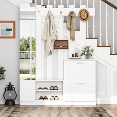 Btm Coat Rack Hall Tree With Shoe Rack, Cabinet, 5 Hooks And Mirror, 5In1 Entryway Stand, 135X25X180Cm White - image 1