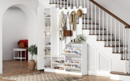 Btm Coat Rack Hall Tree With Shoe Rack, Cabinet, 5 Hooks And Mirror, 5In1 Entryway Stand, 135X25X180Cm White - thumbnail 7