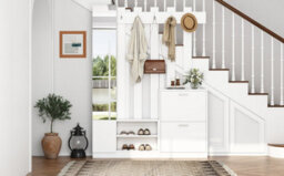 Btm Coat Rack Hall Tree With Shoe Rack, Cabinet, 5 Hooks And Mirror, 5In1 Entryway Stand, 135X25X180Cm White - thumbnail 6