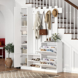 Btm Coat Rack Hall Tree With Shoe Rack, Cabinet, 5 Hooks And Mirror, 5In1 Entryway Stand, 135X25X180Cm White - thumbnail 2