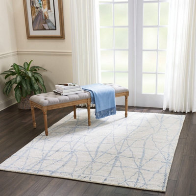 White Luxurious Modern Wool Easy To Clean Geometric Handmade Dining Room And Living Room Rug -168Cm X 226Cm