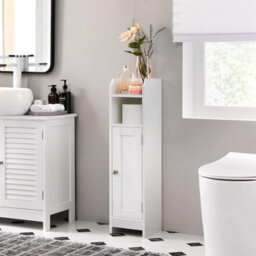 Narrow Bathroom Storage Cabinet With Adjustable Shelves And Door, Freestanding, Bathroom Floor Storage Unit, White