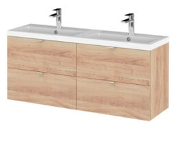 Hudson Reed Fusion Wall Hung 4-Drawer Vanity & Double Ceramic Basin,  Vanity Unit With Basin, Bleached Oak, 1200mm - thumbnail 2