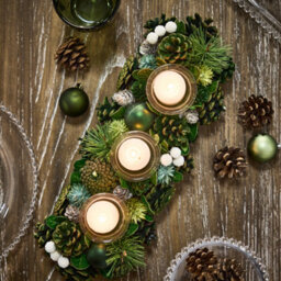 Dibor Woodland Green Triple Table Centrepiece Christmas Decoration Candle Holder Tealight Holder 39Cm - thumbnail 2