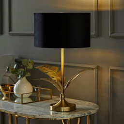 Valuelights Christina Black Velvet With Gold Inner Drum Shade Gold Palm Leaf Table Lamp