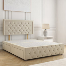 Bsspoke Lena Divan Bed Cream Plush Velvet 24Inch Headboard & Footboard 2 Drawers Same Side No Mattress In 3Ft 4Ft 4Ft6 5Ft 6Ft