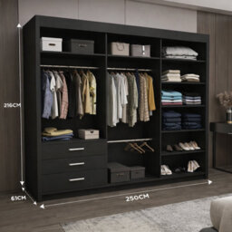 Ie Milan Sliding Mirror Door Wardrobe With Drawers & Shelves - Modern Bedroom Wardrobe, Black, (250 Cm X 216Cm ) - thumbnail 3