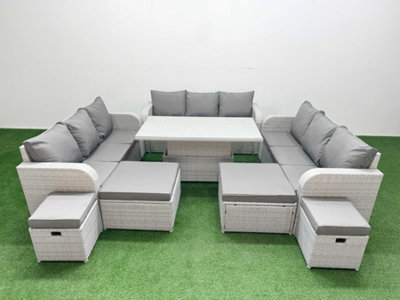 Fimous 8 Pieces Garden Rising Dining Table High Back Inclining Sofa Set 2 Big Footstool 2 Small Stool Light Grey - image 1
