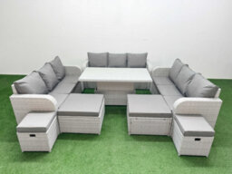 Fimous 8 Pieces Garden Rising Dining Table High Back Inclining Sofa Set 2 Big Footstool 2 Small Stool Light Grey - thumbnail 1