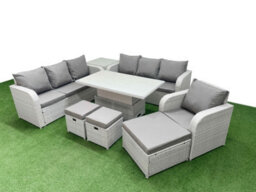 Fimous 10 Seater Poly Rattan Outdoor Garden Furniture Adjustable Lifting Dining Or Coffee Table Sofa Set 3 Stools Side Table - thumbnail 2