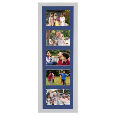 AK Frames 26X8 Silver Modern Multi Photo Frame With Blue Mount - Holds 5 Apertures (5X) 6X4 Photos - image 1