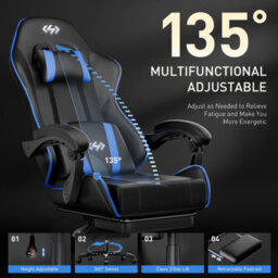 Precision Synergie Gaming Chair For Adults, Reclining Computer Chair With Footrest, Lumbar Support & Headrest, Blue Black - thumbnail 2