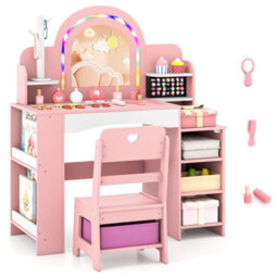 Gainoom Kids Pink Vanity Set W/ Led Princess Makeup Dressing Table Wooden Pretend Play Vanity For Little Girls Above 3