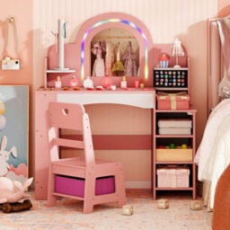 Gainoom Kids Pink Vanity Set W/ Led Princess Makeup Dressing Table Wooden Pretend Play Vanity For Little Girls Above 3 - thumbnail 4
