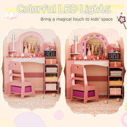 Gainoom Kids Pink Vanity Set W/ Led Princess Makeup Dressing Table Wooden Pretend Play Vanity For Little Girls Above 3 - thumbnail 9