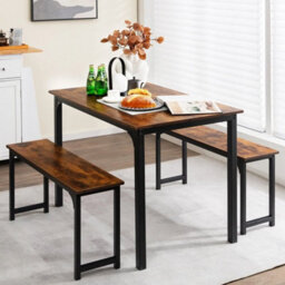 3 Pcs Brown Dining Table Set Dining Table & 2 Benches Kitchen - thumbnail 3