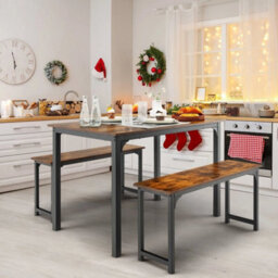 3 Pcs Brown Dining Table Set Dining Table & 2 Benches Kitchen - thumbnail 4