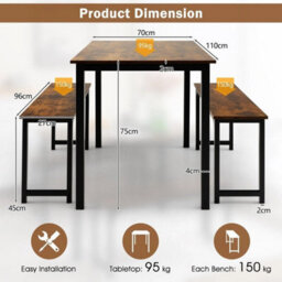 3 Pcs Brown Dining Table Set Dining Table & 2 Benches Kitchen - thumbnail 2