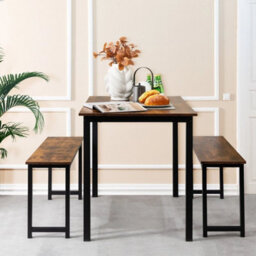 3 Pcs Brown Dining Table Set Dining Table & 2 Benches Kitchen - thumbnail 5