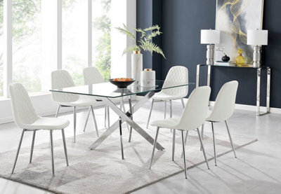 Furniturebox Uk Leonardo Glass And Chrome Metal Dining Table And 6 White Corona Silver Chairs - image 1