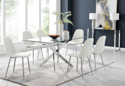 Furniturebox Uk Leonardo Glass And Chrome Metal Dining Table And 6 White Corona Silver Chairs - thumbnail 1