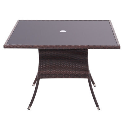 Breeins 105Cm W Rustic Wicker Outdoor Dining Table With Tempered Glass Top And Parasol Hole, Brown - image 1