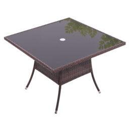 Breeins 105Cm W Rustic Wicker Outdoor Dining Table With Tempered Glass Top And Parasol Hole, Brown - thumbnail 3