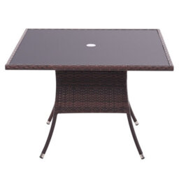 Breeins 105Cm W Rustic Wicker Outdoor Dining Table With Tempered Glass Top And Parasol Hole, Brown