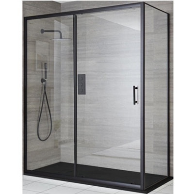 Homestylestore Black Corner Wet Room Walk In Sliding Door Shower Enclosure With Graphite Slate Effect Tray 1000 X 800mm - image 1