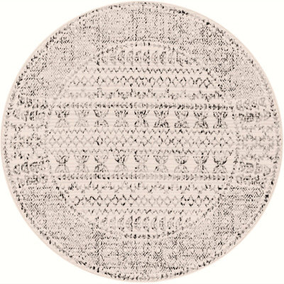 Livabliss Round Pisa-Geometric Grey Off-White Black Living Dining Bedroom Rug 160 X 160 Cm Easy Care, Non Shedding - image 1