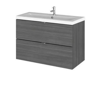 Hudson Reed Fusion Wall Hung 2 Drawer Vanity Unit & Ceramic Basin, Sink Vanity Unit, Anthracite Woodgrain, 800mm - image 1