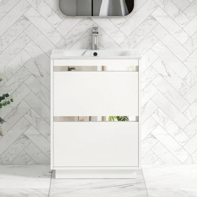 Royal Bathrooms Orion 600mm Matt White 2 Drawer Floor Standing Bathroom Vanity Unit With Carrara White Basin & Chrome Accent Trim - image 1