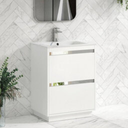 Royal Bathrooms Orion 600mm Matt White 2 Drawer Floor Standing Bathroom Vanity Unit With Carrara White Basin & Chrome Accent Trim - thumbnail 6