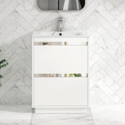 Royal Bathrooms Orion 600mm Matt White 2 Drawer Floor Standing Bathroom Vanity Unit With Carrara White Basin & Chrome Accent Trim - thumbnail 1