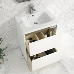 Royal Bathrooms Orion 600mm Matt White 2 Drawer Floor Standing Bathroom Vanity Unit With Carrara White Basin & Chrome Accent Trim - thumbnail 4