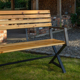 Samuel Alexander Kendal 2 Person Outdoor Modern Cross Design Metal Wooden Garden Patio Bench - thumbnail 4