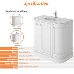 Plum&clay Fairmont Traditional Curved White Floor Standing Vanity Unit With Ceramic Basin & Marble Top (W)900mm - thumbnail 4