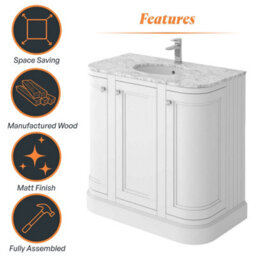 Plum&clay Fairmont Traditional Curved White Floor Standing Vanity Unit With Ceramic Basin & Marble Top (W)900mm - thumbnail 5