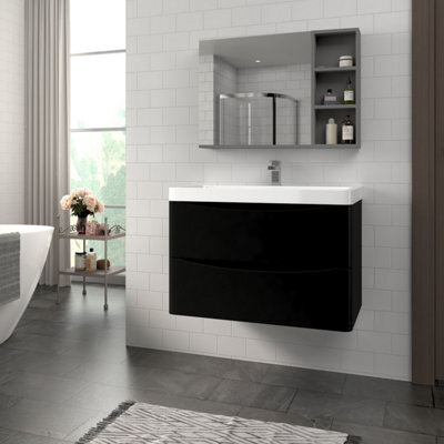 Rinse Bathrooms 800mm Matt Black Wall Hung 2 Drawer Vanity Unit Basin Bathroom Storage Furniture - image 1