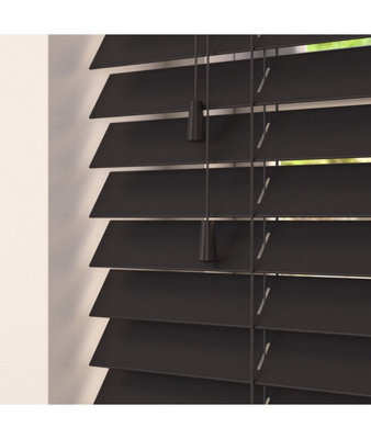 Smooth Finish Faux Wood Venetian Blinds With Strings 120Cm Drop X 60Cm Width Onyx Smooth