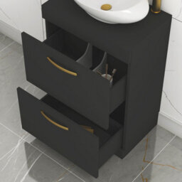 Royal Bathrooms Turin 600mm Freestanding Bathroom Vanity Unit With Sink 2 Drawer Matt Black & Cesar Countertop Basin - thumbnail 4