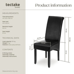 Tectake Set Of 6 Dining Chair - Ergonomic Seat Shape, High Backrest, Padded, Faux Leather  - Black - thumbnail 6
