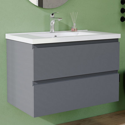 AVER-GROWTH 800mm Vanity Unit With Basin High Gloss Grey Ceramic Sink Wall Hung Bathroom Storage Cabinet Soft Close Hinges 2 Drawers - image 1