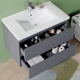 AVER-GROWTH 800mm Vanity Unit With Basin High Gloss Grey Ceramic Sink Wall Hung Bathroom Storage Cabinet Soft Close Hinges 2 Drawers - thumbnail 4
