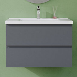 AVER-GROWTH 800mm Vanity Unit With Basin High Gloss Grey Ceramic Sink Wall Hung Bathroom Storage Cabinet Soft Close Hinges 2 Drawers - thumbnail 6