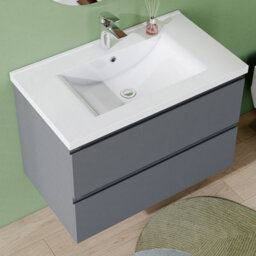 AVER-GROWTH 800mm Vanity Unit With Basin High Gloss Grey Ceramic Sink Wall Hung Bathroom Storage Cabinet Soft Close Hinges 2 Drawers - thumbnail 3
