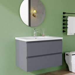AVER-GROWTH 800mm Vanity Unit With Basin High Gloss Grey Ceramic Sink Wall Hung Bathroom Storage Cabinet Soft Close Hinges 2 Drawers - thumbnail 2