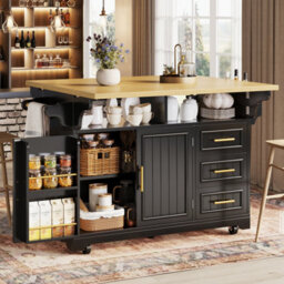 Btm Kitchen Island With Dining Table Extension Rolling Buffet Sideboard Vertical Groove Cabinets Drawer Storage Fold Out Tabletop - thumbnail 5