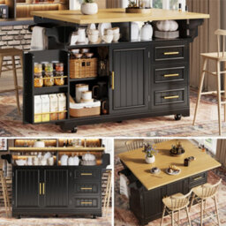 Btm Kitchen Island With Dining Table Extension Rolling Buffet Sideboard Vertical Groove Cabinets Drawer Storage Fold Out Tabletop - thumbnail 1
